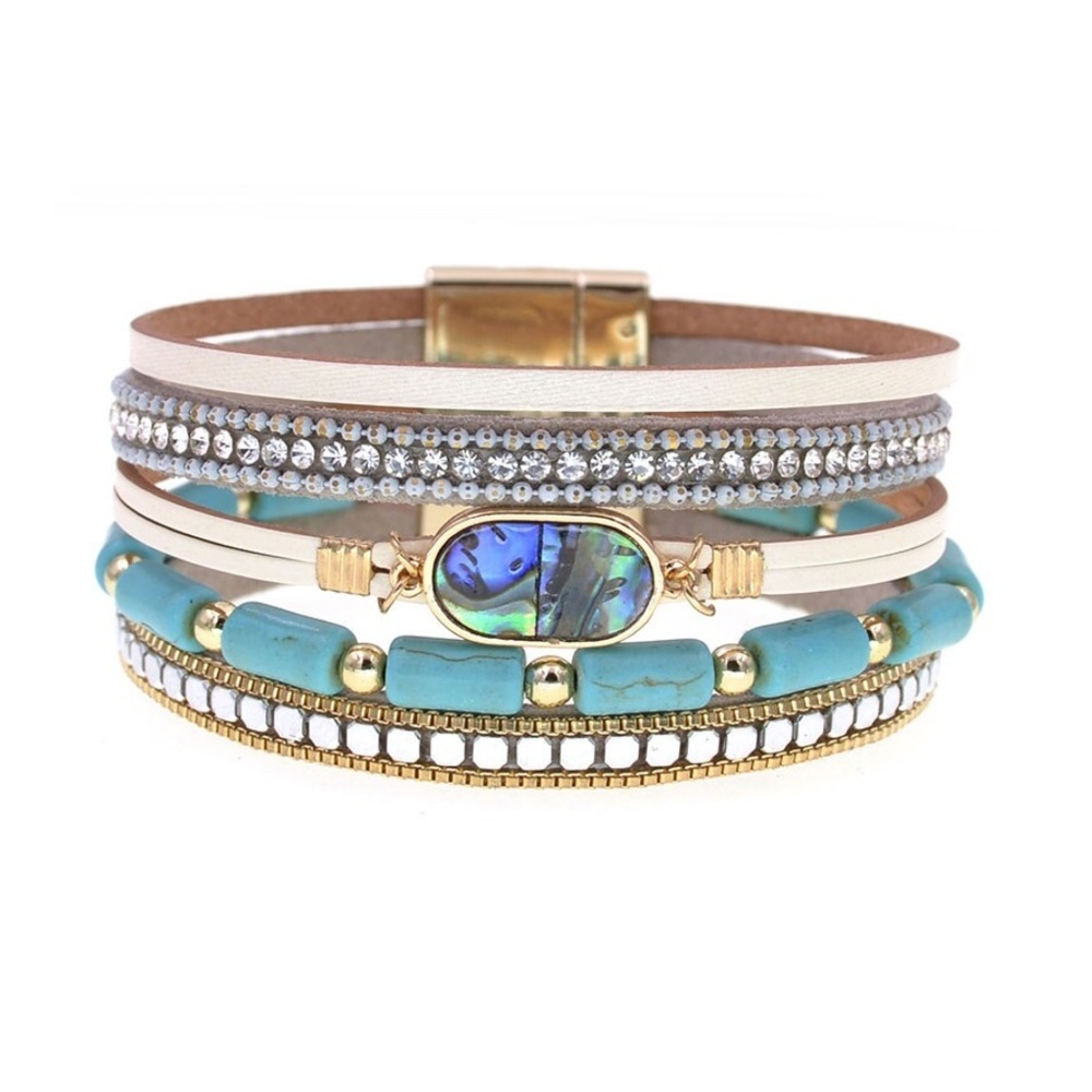 Multi-Layer Faux Leather & Turquoise Bead Bracelet – Abalone Shell Center – Magn